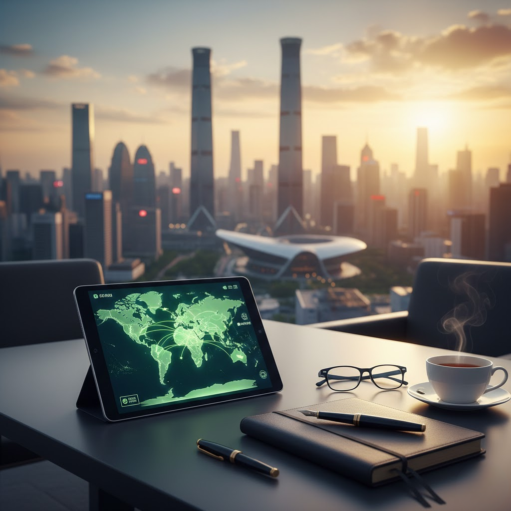 Vista panorâmica de Guangzhou e mesa de negócios moderna